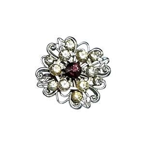 1950s Silver Tone Flower Brooch Purple Center Clear Rhinestone Vintage Pin